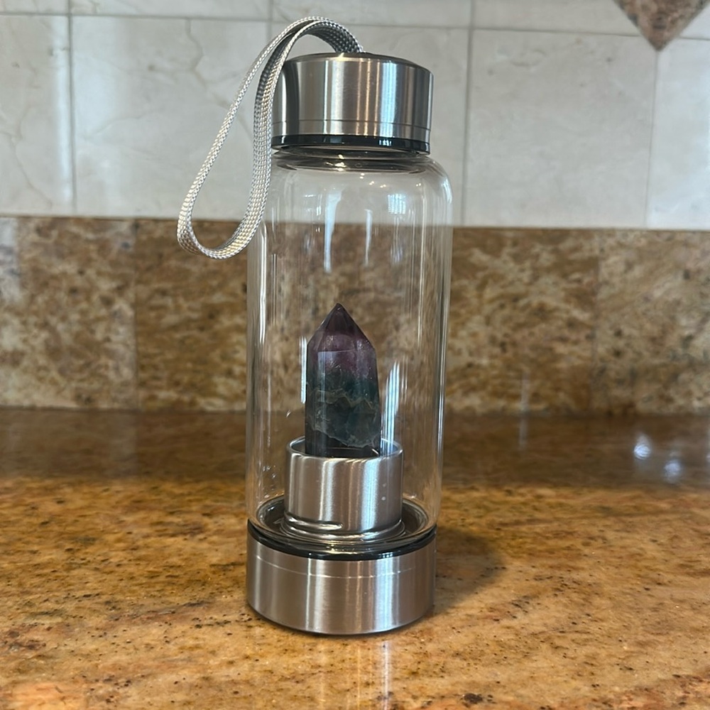 COPY - Crystal drinking water bottle 
Fluorite 
Glass bottle